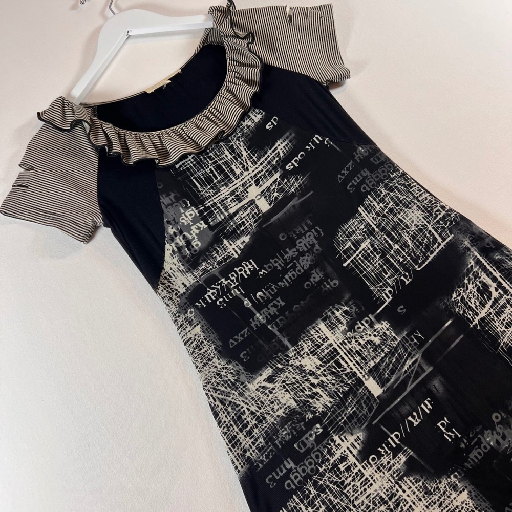 Forla Paris Mini Dress Womens Medium Graphic Print Ruffle Y2K Whimsigoth